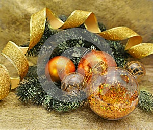 Golden Christmas decorations with conifer