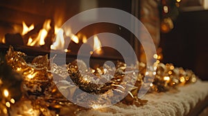 Golden Christmas Decorations and a Cozy Fireplace