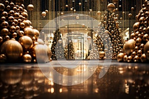 golden christmas decorations in the lobby of a building