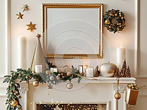 Golden Christmas decorations on a mantel with a blank frame above it photo