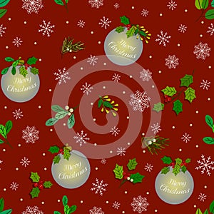 Golden Christmas decorations, and snowflakes over red background and green leaves and berries, seamless pattern.