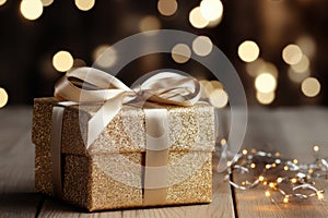 Golden christmas gift on white blured background