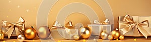 Golden Christmas gifts, balls and decorations in a row on a gold abstract background.