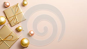 Golden Christmas gifts and balls on pastel beige background with copy space. Glamour Xmas banner design with elegant stylish