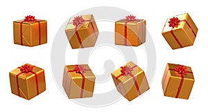 Golden christmas gifts on white background, different angles of view