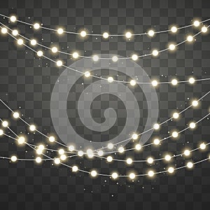 Golden Christmas lights isolated on transparent background. Xmas glowing garland. Holiday decorative design elements