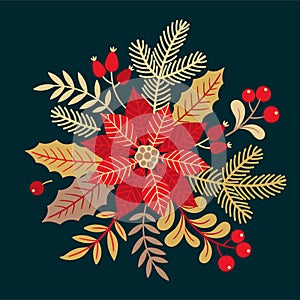 Golden Christmas pattern with holly leaves, poinsettia, Christmas tree branches, red berries and flower on dark