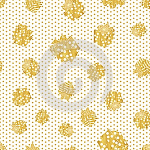 Golden Christmas pattern with present, gift box on the polka dot. Foil texture. Hand drawn winter design