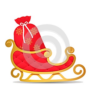 Golden christmas with red santa claus sleigh and full red bag with gifts isolated on white background. Xmas concept. vector