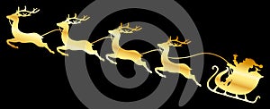 Golden Christmas Sleigh Santa And Four Flying Reindeers Black