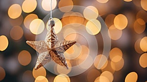 a golden christmas star on a blurry festive background
