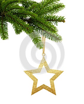 Golden Christmas star on green tree branch isolated on white