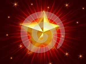 Golden Christmas star over red background radiate