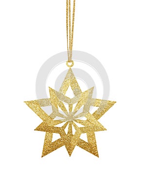 Golden Christmas star on ribbon isolated on white