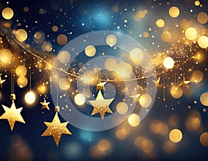 Golden Christmas Stars Lights With Abstract bokeh Defocused Elements background.