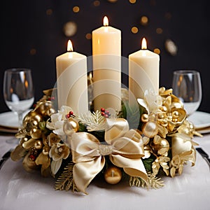 golden Christmas table wreath with candles, AI Generative