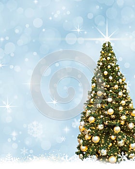 Golden Christmas tree balls , abstract blue background snow
