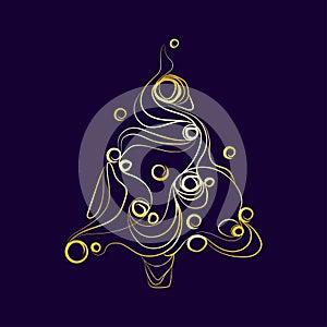 Golden Christmas tree on dark blue background Abstract art line drawing vector .Christmas and New Year .Creative design
