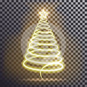 Golden Christmas tree. Light tree effect with big Yellow star and sparkle isolated on transparent b