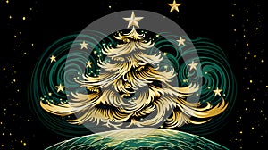 Golden Christmas Tree logo with glitter star in earth and green line Abstract background concept