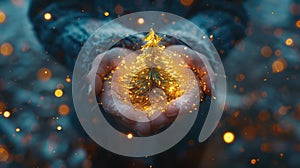Golden Christmas Tree Magic: Shimmering Light in Hands at Night