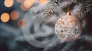 a golden Christmas tree ornament with a snowflake design, hanging from a branch, with blurred festive lights in the background