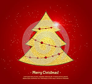 Golden Christmas tree on red background, design greeting card