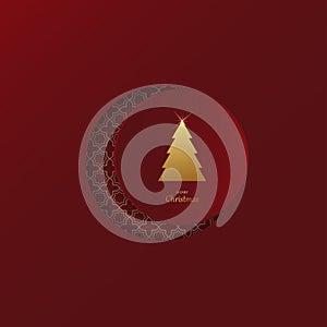 Golden Christmas tree with a red circle on geometric patterns on a dark red background. Christmas greeting card.