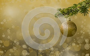 Golden Christmas tree scene background. Fir tree with golden glitter ball
