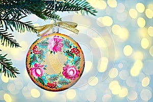 Golden Christmas Tree Scene Lights Background. Ukrainian folk art