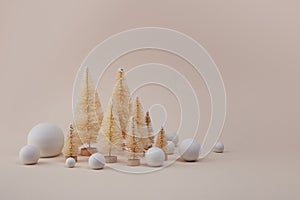 Golden christmas trees with snow ball on biege background. Minimal concept for winter hollydays. photo