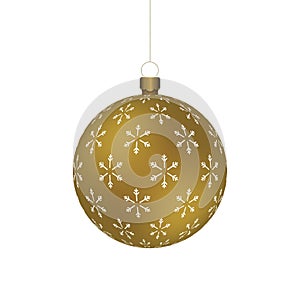 Golden Christmass ball with snowflakes print hanging on a golden chain photo