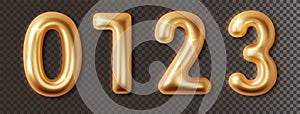 Golden chrome numbers set 3d realistic. Metal golden glossy font number 1,2,3,0. Decoration for banner, cover, birthday