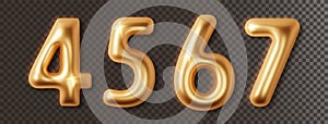 Golden chrome numbers set 3d realistic. Metal golden glossy font number 4, 5, 6, 7. Decoration for banner, cover