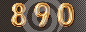 Golden chrome numbers set 3d realistic. Metal golden glossy font number 8, 9, 0. Decoration for banner, cover, birthday or