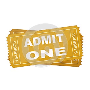 Golden cimena or theatre ticket admit one, element for design on white, stock vector illustration