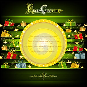 Golden circle frame on green christmas background with golden stars and presents