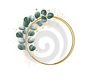 Golden circle frame with leaf vines Sawed eucalyptus leaves on a frame on a white background