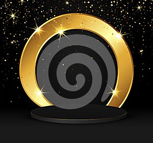 Golden circle with sparkles on a black podium. Abstract, round, gold frame on a dark background. Blank minimal ring