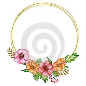 Golden circle and watercolor floral wreath