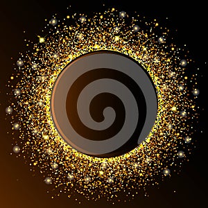 Golden circle wave sparkles golden abstract background, golden glitter on a dark brown background, vip design template. Vector ill