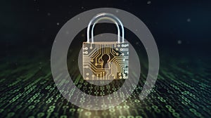 Golden Circuit Board Padlock on Digital Binary Code Background security data