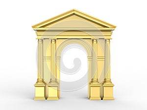 A golden classic arch, arcade with Corinthian columns, Doric pilasters isolated on white