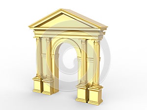 A golden classic arch, arcade with Corinthian columns, Doric pilasters isolated on white