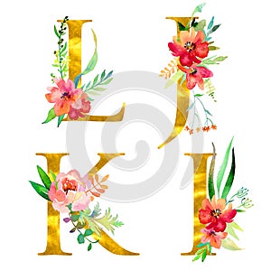 Golden classical form letters L, J, K, I decorated with watercolor flowers and leaves, isolated on white background