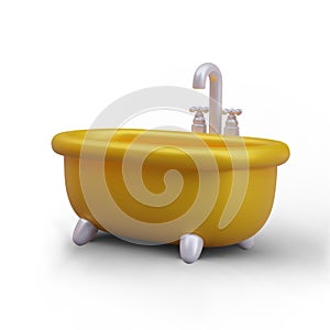 Golden clawfoot bathtub with faucet, regulators. Color illustration in cartoon style