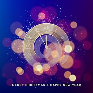 Golden Clock Dial on Magic Christmas Glitter Background with Bokeh. Vector