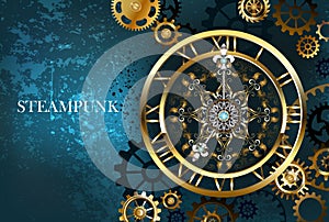 Golden clock on a turquoise background photo