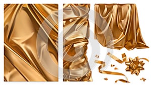 Golden cloth. Curtain, drapery, ribbon, bow. 3d vector set