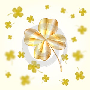 Golden clover leaf isolated on light background. St. Patricks day abstract design with flying bright and blurry gold shamrock